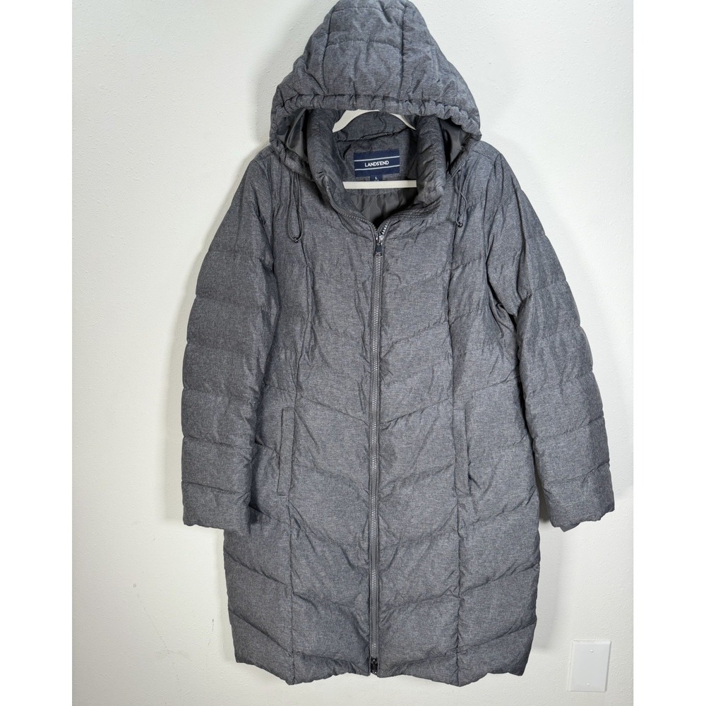 Lands End Down Jacket Long Womens Sz Large Gray Hooded Puffer Coat Classic WARM